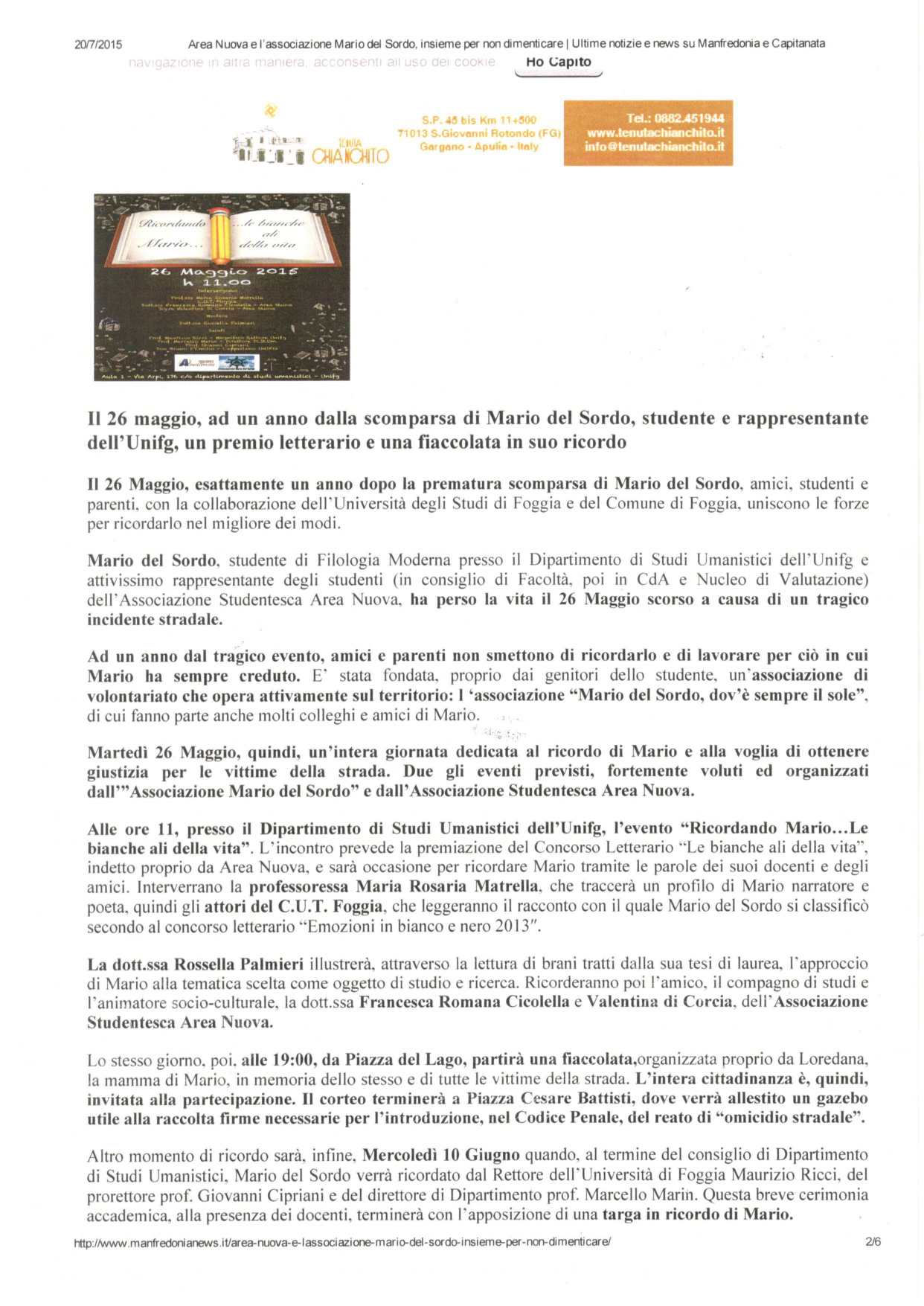 Locandina evento Ricordando Mario - Le bianche ali della vita 2015