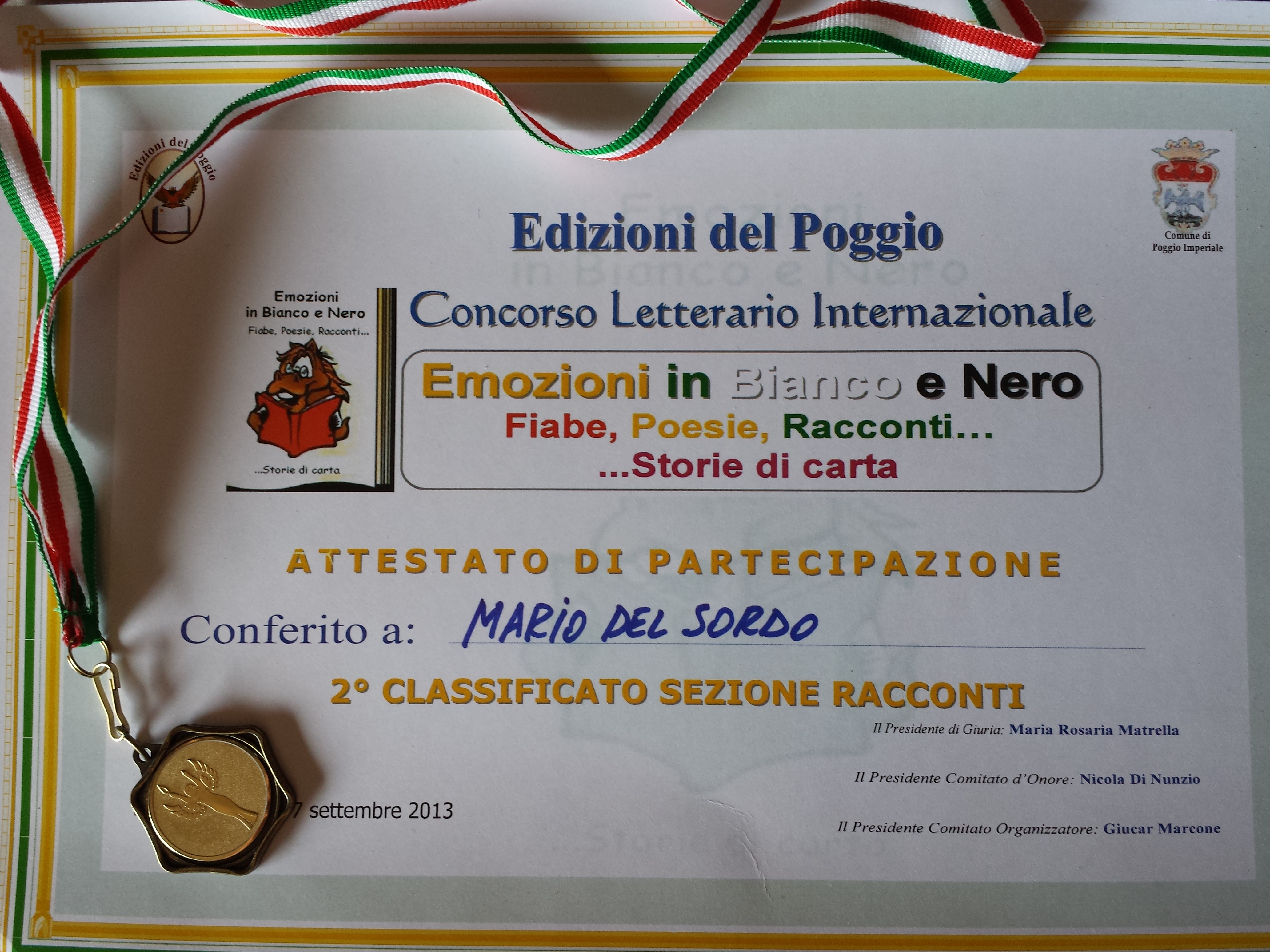 Attestato 2° classificato Concorso Emozioni in Bianco e Nero 2013